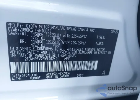 2025 Toyota Rav4 Xle z USA, uszkodzony, nr VIN 2T3W1RFV2SW419240